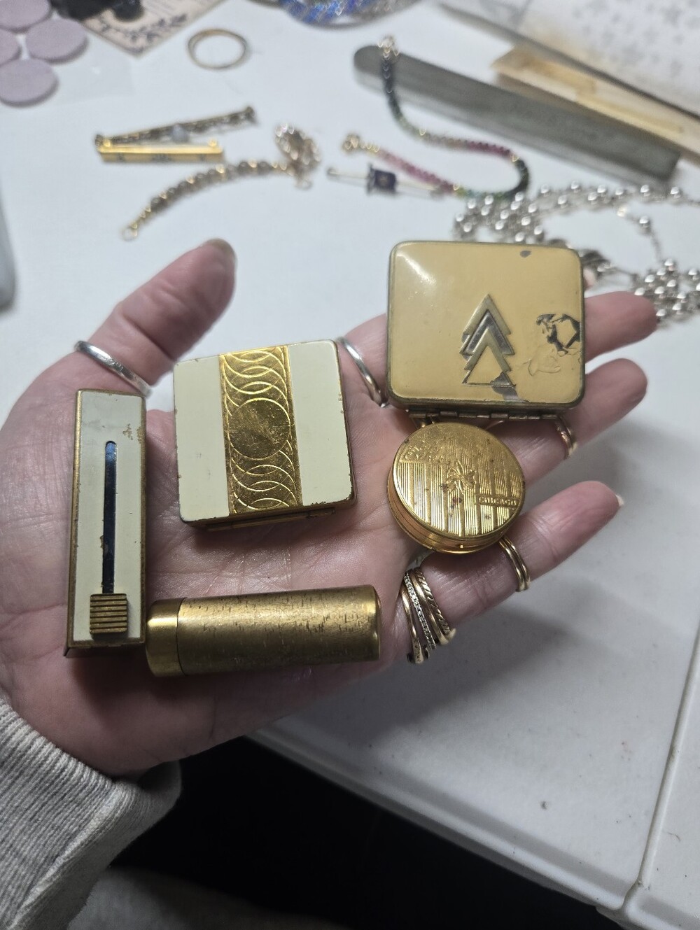 Vintage Gold-Tone Compact and Lipstick Set - Cream & Gold